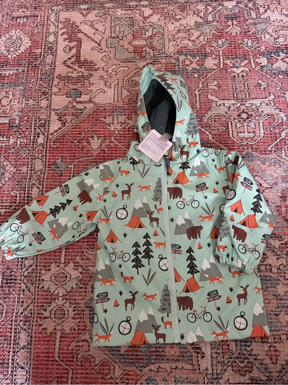 Kids Waterproof Raincoat with Outdoor Adventure Print - Mint Green